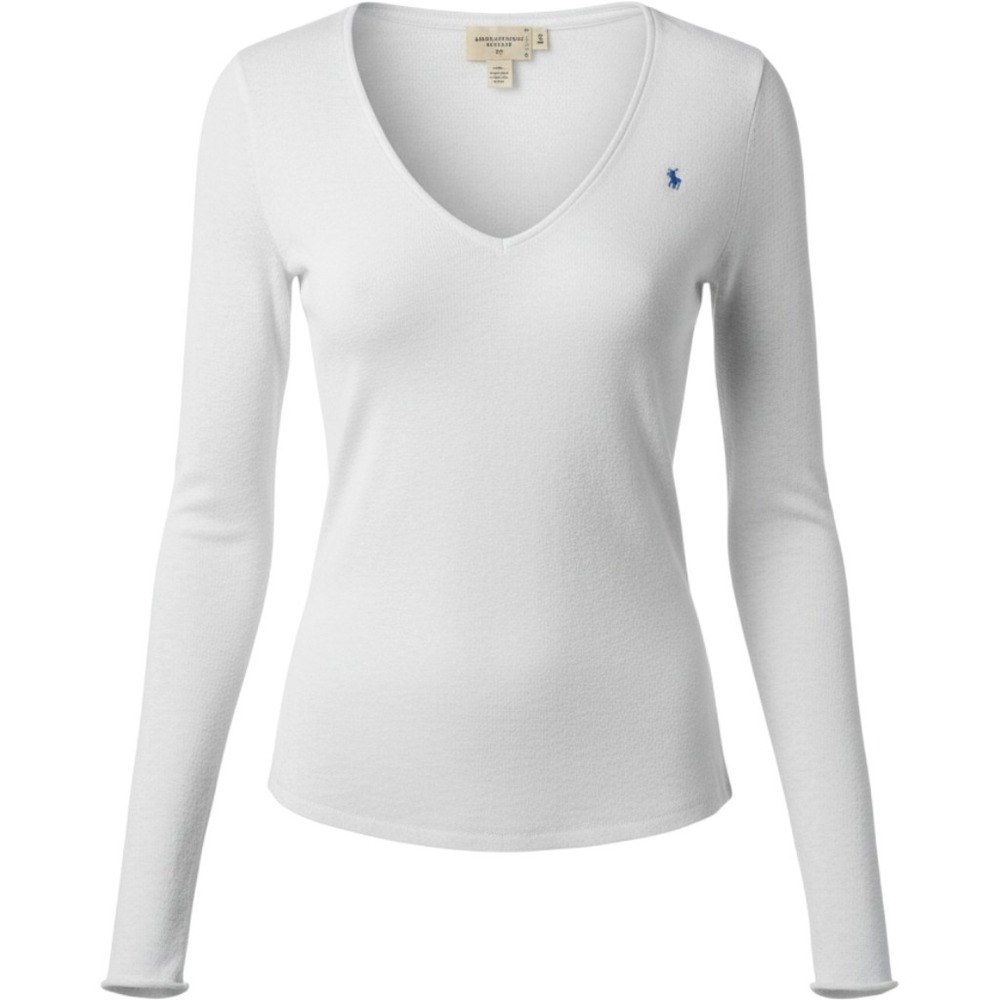 Abercrombie & Fitch Women White V-Neck Long Sleeve Cotton Top Blue Moose Logo S